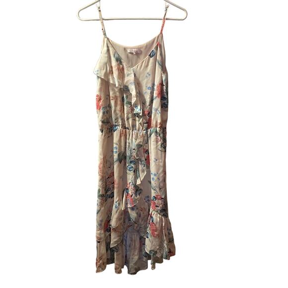 PARKER 100% Silk Size S FLORAL ASYMMETRICAL RUFFLE DRESS MELLOW MEADOW MULTI - Picture 1 of 10